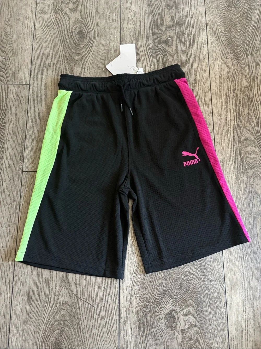 PUMA boys  Black Athletic Shorts with Pink & Neon Green Panels